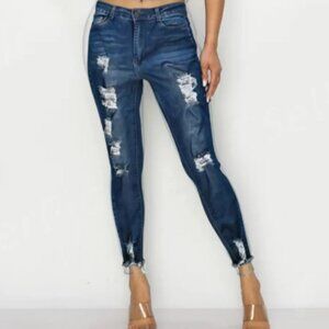 BOB Jeans High Waist Ripped Distressed Chewed Hem Skinny Blue Denim Jeans Sz 7/8